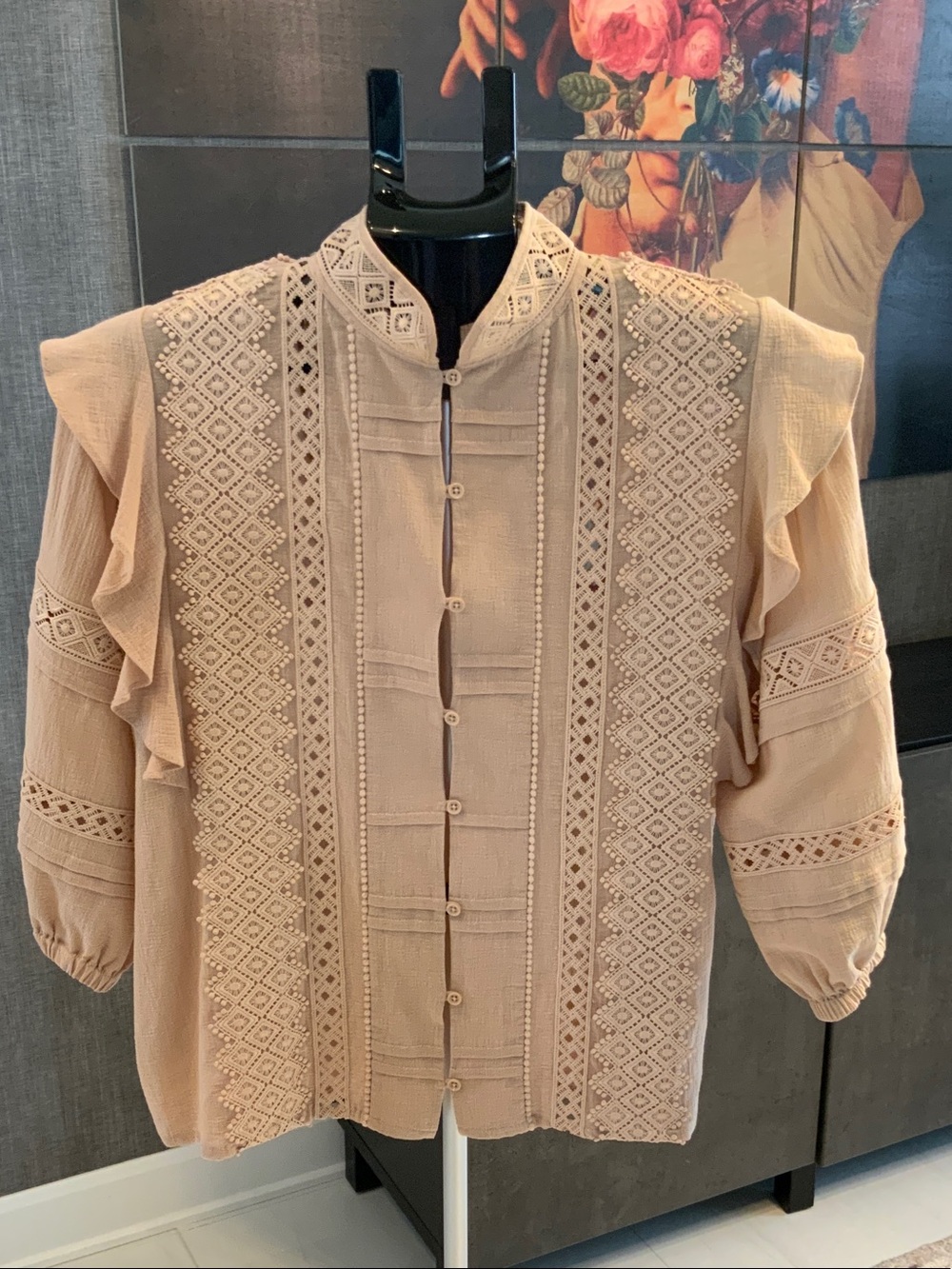 IRO Beige Embroidered Ruffle-Shoulder Blouse 38
